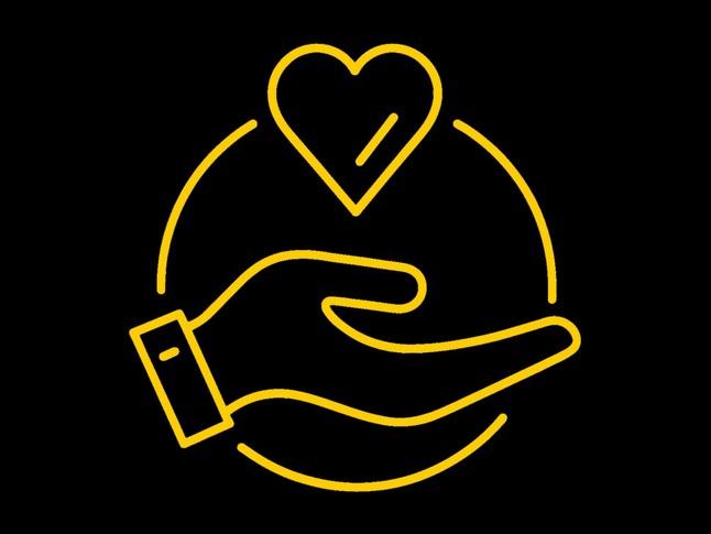 gold line-art icon on black background of a hand holding a heart inside a circular outline, symbolizing giving.”